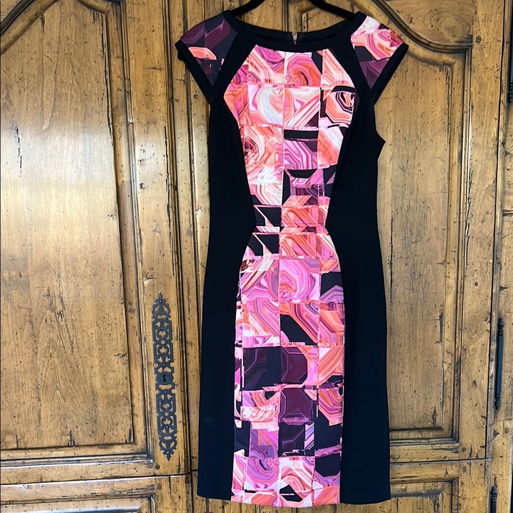 Ted Baker Black and Pink/Orange Sheath Midi Dress